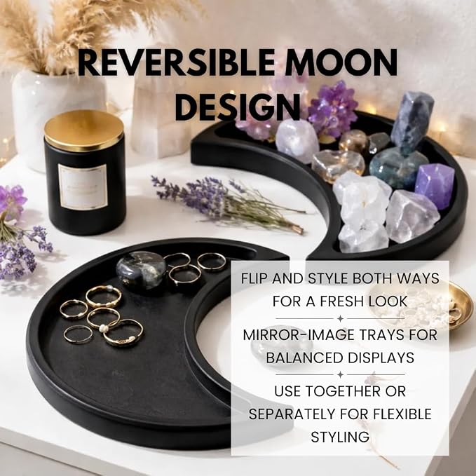 Black Moon Crystal Display Tray - Gothic Wooden Altar Tray 10.5" x 5" for Crystals and Stones Storage - Solid Wood Jewelry Organizer Dish - Spiritual Decor
