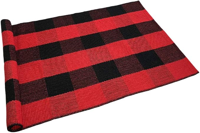 Ukeler Cotton Plaid Rugs Red/Black Hand-Woven Checkered Door Mat Washable Buffalo Check Area Rugs for Kitchen/Bathroom/Entry Way, 51.2''×23.6'', Red and Black Plaid Rug