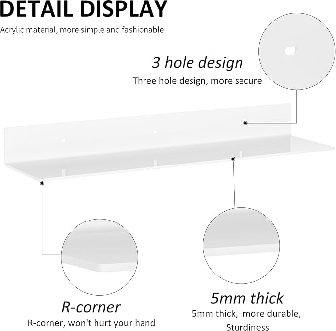 Sezanrpt 24 Inches Acrylic Wall Shelves 2 Pack, Floating Shelf for Wall Mounting, Acrylic Display Ledges for Funko Pop Figures, Home Décor, Living Room, Gaming Room, Plants(24 inch, White)