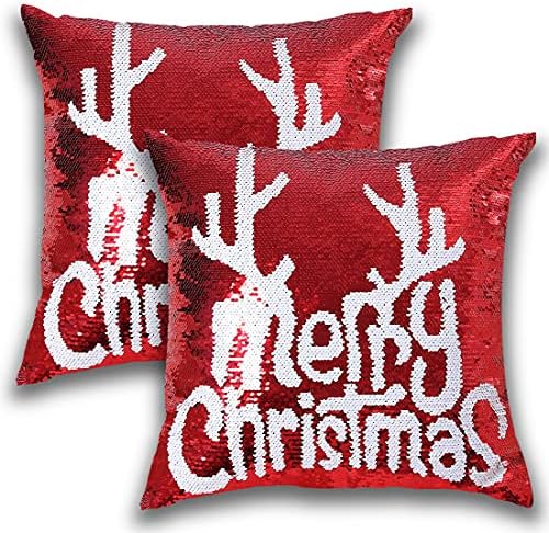 Reversible Sequins Pillow Case 18 x 18 Inch Christmas Sequin Pillow Covers Magic Red Mermaid Square Throw Decorative Pillowcase 2pcs (Red-Merry Christmas)