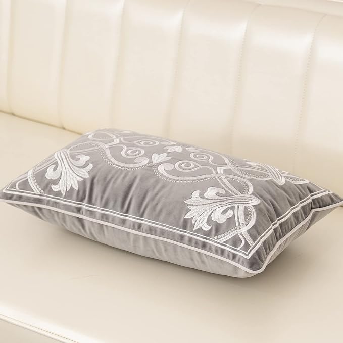 Aeckself 12 x 20 Inch European Cushion Cover Luxury Velvet Home Decorative Embroidery Floral Rectangle Throw Pillow Case Pillowcase for Couch Bed Living Room, Grey and White