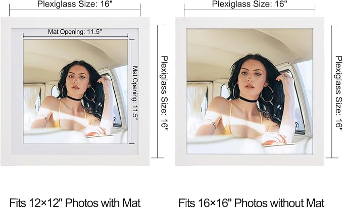 16x16 Picture Frame-White,12x12 Mat,Engineered Wood,Polished Plexiglass