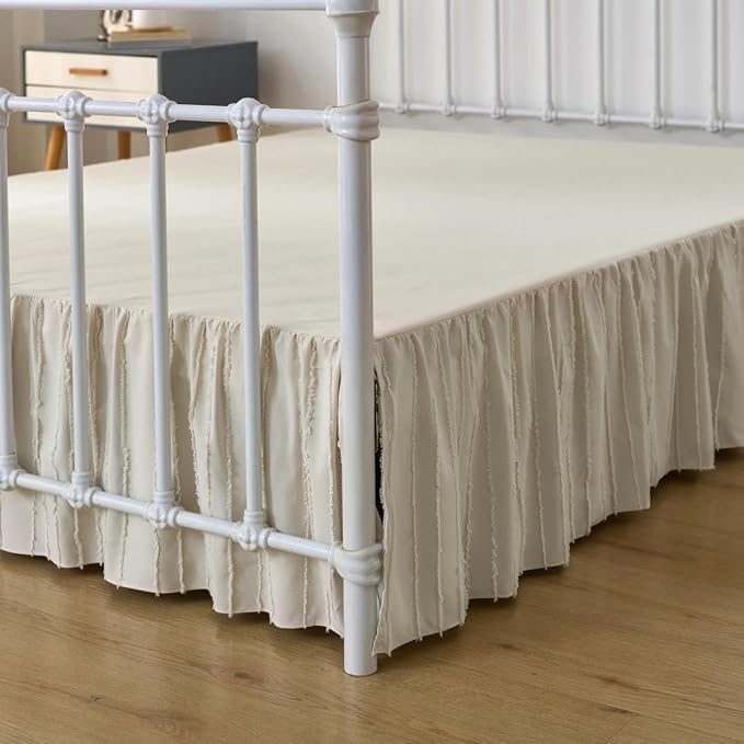 Bed Skirt King Size - Ruffled Bed Skirt - with Split Corners - Cream | Striped Boho Tufted -18 Inch Drop Bedskirt with Platform-Soft Premium Hotel Quality - Easy Fit