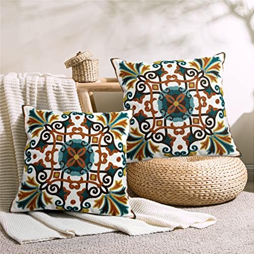 Alysheer Boho Embroidered Throw Pillow Cover 18"x18" Set of 2, Burnt Orange