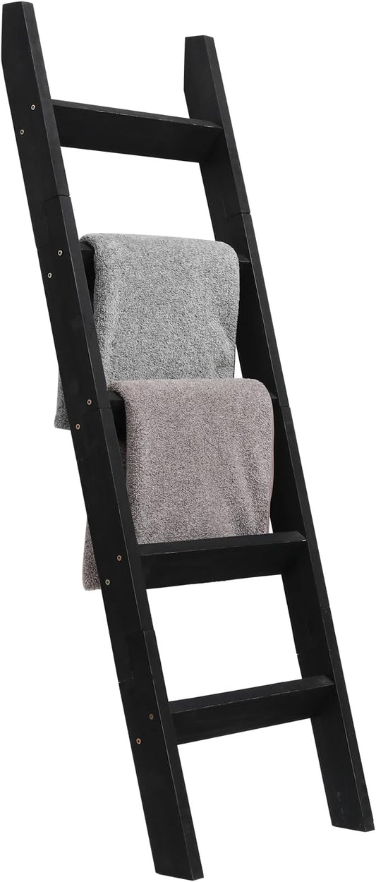 FUIN Blanket Ladder, 5ft Angled rungs Rustic Solid Wood Decor Rack, Black | 5 rungs, farmhouse quilt display holder, organize towel, leaning wall, bathroom and living room use, knocked down side rail