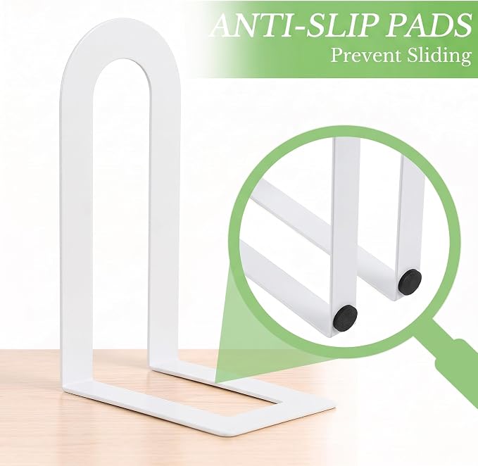 Sanwarm Bookends, 6 Pcs, Metal, for Home Office Desk Shelves Modern White | Metal Decorative Book Ends Non-Skid Book Stoppers Holder 3 Pair Gifts for Reading Enthusiasts Library Decor