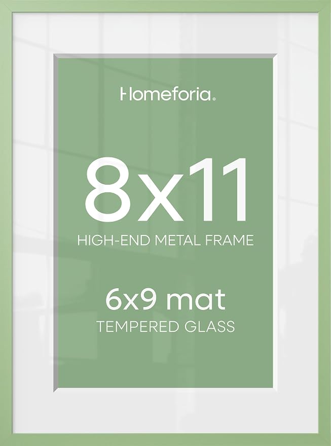 Homeforia 8x11 Green Picture Frame, High-End Metal, 6x9 Mat, Glass