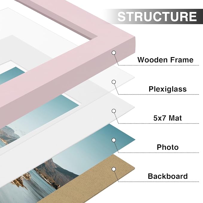 Vittanly 8x10 Picture Frames Set of 9 for Wall or Tabletop Display, Pink | Display Pictures 5x7 with Mat or 8x10 without Mat, Small Photo Frames, Engineered Wood with Shatter Resistant Plexiglass