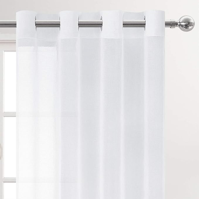 DWCN White Sheer Curtains, Linen Look Semi Transparent Voile Grommet Top Solid Lightweight & Airy Gauzy Curtains & Drapes for Living Dining Room Drapes W52 x L102 Inch Long, Set of 2 Panels