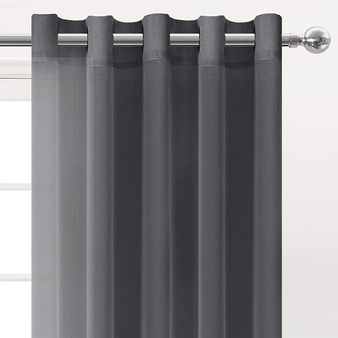 DWCN Gray Semi Sheer Curtains, Grommet Top Window Sheer Drapes for Bedroom Living Room, Faux Linen Look Voile Transparent Solid Sheer Curtains Set of 2 Panels 60 x 63 Inches Long, Dark Gray