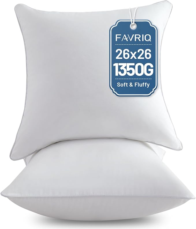 FAVRIQ 26 x 26 Euro Pillow Inserts - 26 Inch Decorative Throw Pillows for Couch Bed Sofa with 100% Cotton Cover - Pack of 2