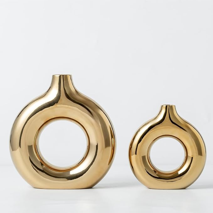 White and Gold Donut Vase, Modern Ceramic Vase for Pampas Grass, Perfect Centerpiece for Weddings, Living Room, and Office Decor (Full Gold, Set(S+L))