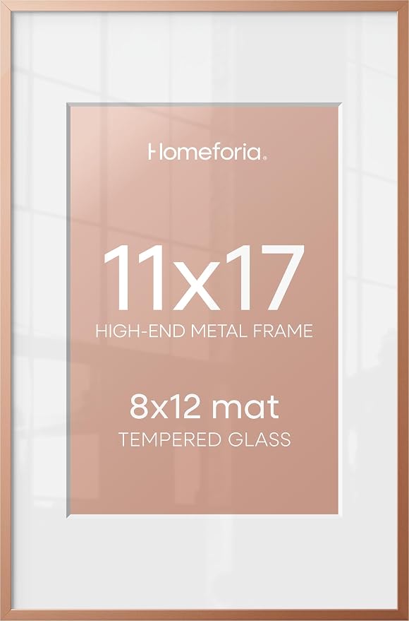 Homeforia 11x17 Rose Picture Frame, High-End Metal, 8x12 Mat, Glass