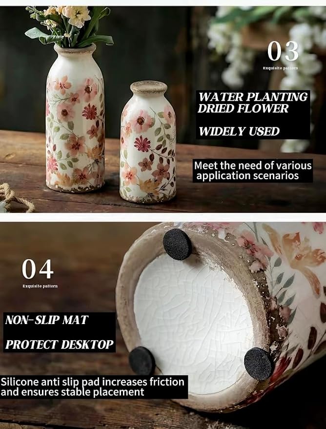 Vintage Flora Ceramic Vase Set, Retro Rustic Cute Vase Gift, Art Decorative Vase for Your Home, Kitchen, Bedroom, Office, Living Room, Bathroom, & Shelf Centerpiece Table Decorations