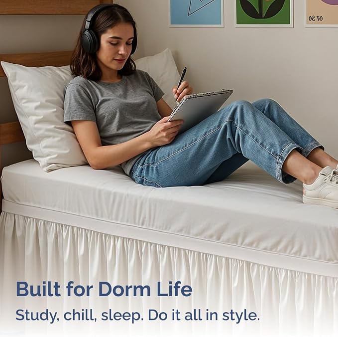 Dorm Room Bed Skirt Twin XL - College Dorm Room Essentials - White, 36 Inch | Extra Long Dust Ruffled College Bedskirt with Split Corners, Easy Fit Elastic Strap, Adjustable, Fade & Wrinkle Free