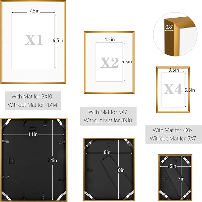 Golden State Art 7 Pack Bronze Aluminum Frame with White Mat, Real Glass | Includes One 11x14, Two 8x10, Four 5x7 Frames with Sawtooth Hangers for Wall Mounting. Great for gallery wall