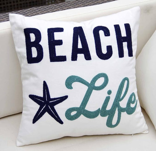 Embroidered Beach Life Throw Pillow Cover,Square 18 inches Decorative Canvas Pillow Cover with Beach Life Pattern,Cover Only