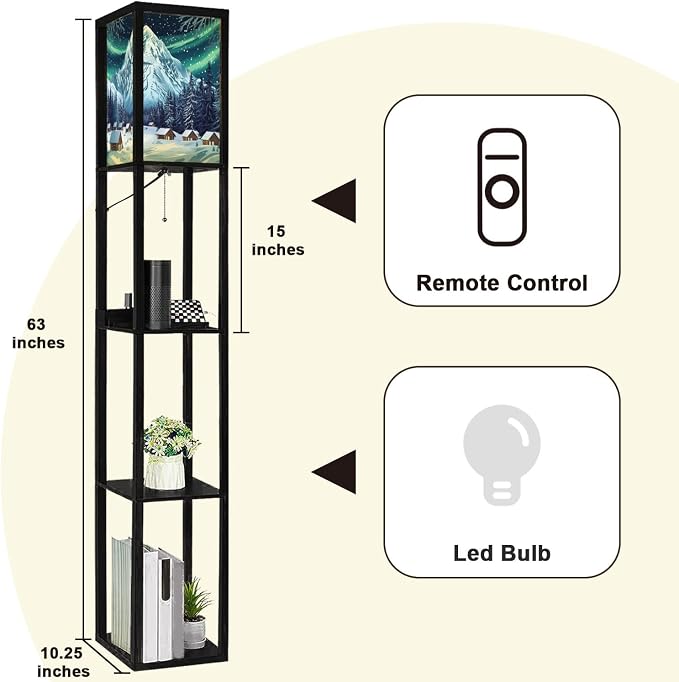 Floor Lamp with Shelves Woodcut Winter Capped Mountain Coniferous Forest Standing Tall Lamp USB Ports & Power Outlet Modern Corner Lamp Nightstand Light for Living Room Bedroom