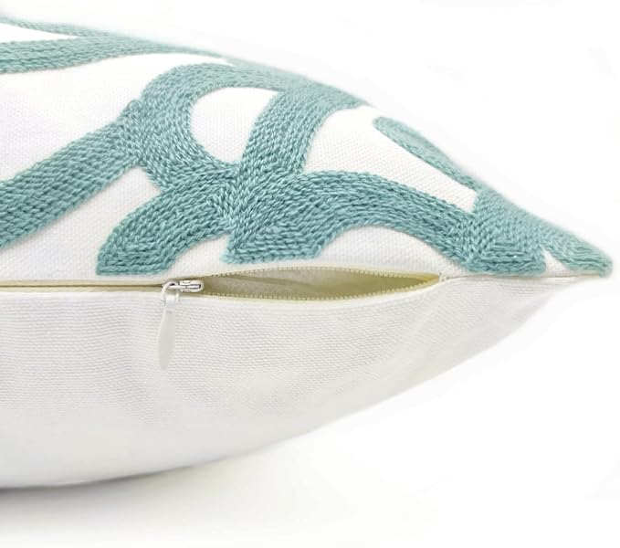 Alysheer Embroidered Decorative Throw Pillow Covers 18"x18" Set of 2 Pieces, Boho Mandala Classic Chic Pattern, Durable 100% Cotton Canvas Cushion Cases for Sofa Couch Living Room(Dusty Aqua Blue)