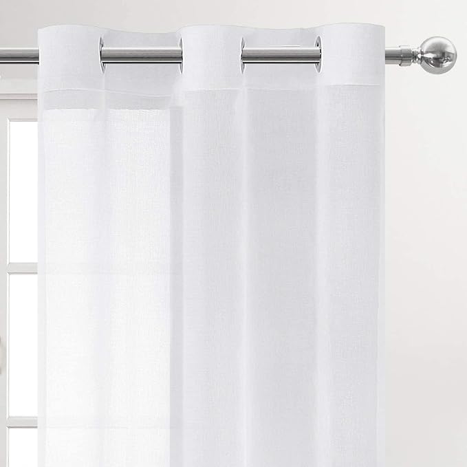 DWCN White Faux Linen Sheer Curtains - Grommet Top Voile Short Semi Solid Sheer Window Sheer Curtains Drapes 36 Inches Long for Bedroom Living Room, 46 x 36 inch Length Set of 2 Panels