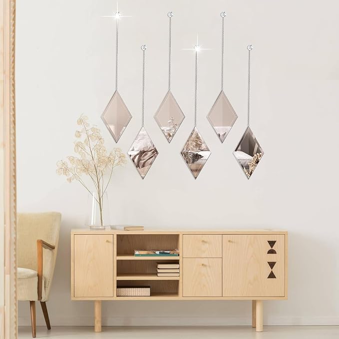 yshengood Diamond Wall Mirror Set of 6 Pcs, Silver Wall Decor Mirrors Small Glass Decor Wall Mirrors for Living Room and Bedroom Decoration