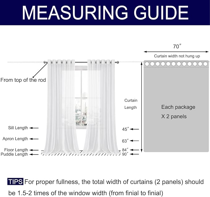 DWCN White Faux Linen Sheer Curtains - Grommet Top Voile Look Window Drapes 84 Inches Long, Solid Semi Sheer Curtains for Bedroom Living Room 70 x 84 inch Length, Set of 2 Panels