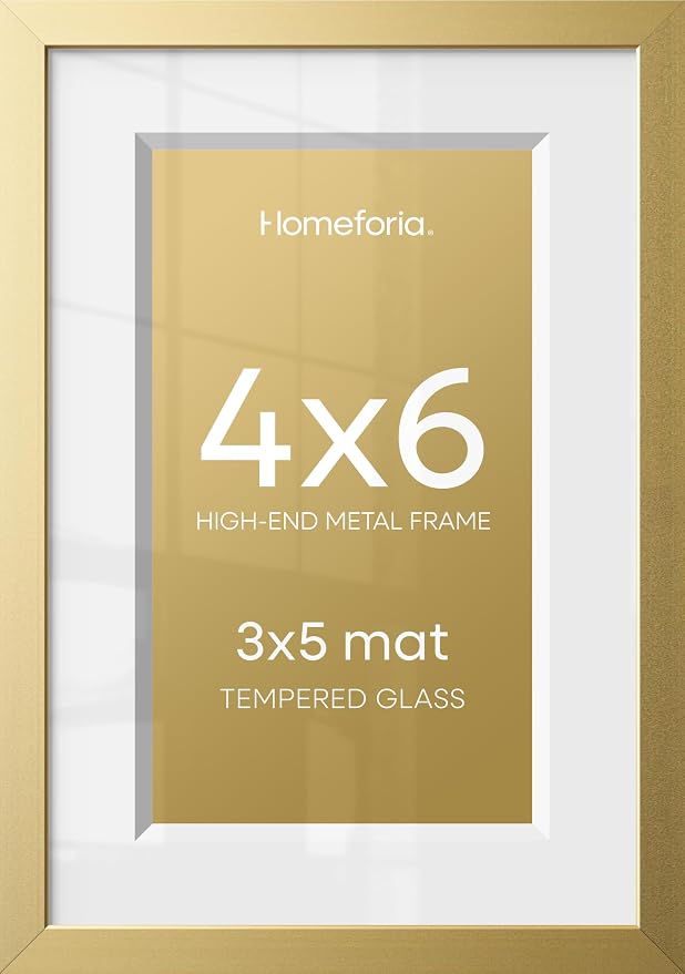 Homeforia 4x6 Gold Picture Frame, High-End Metal, 3x5 Mat, Glass