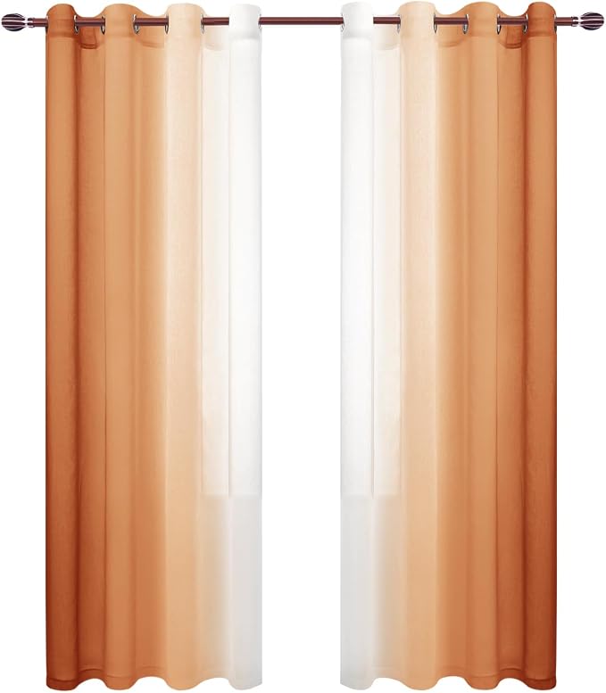 DWCN Faux Linen Ombre Sheer Curtains - Fall Gradient Semi Voile Curtains for Bedroom and Living Room, Set of 2 Grommet Top Window Curtain Panels, 52 Wide by 90 Inches Long, Sunset Orange