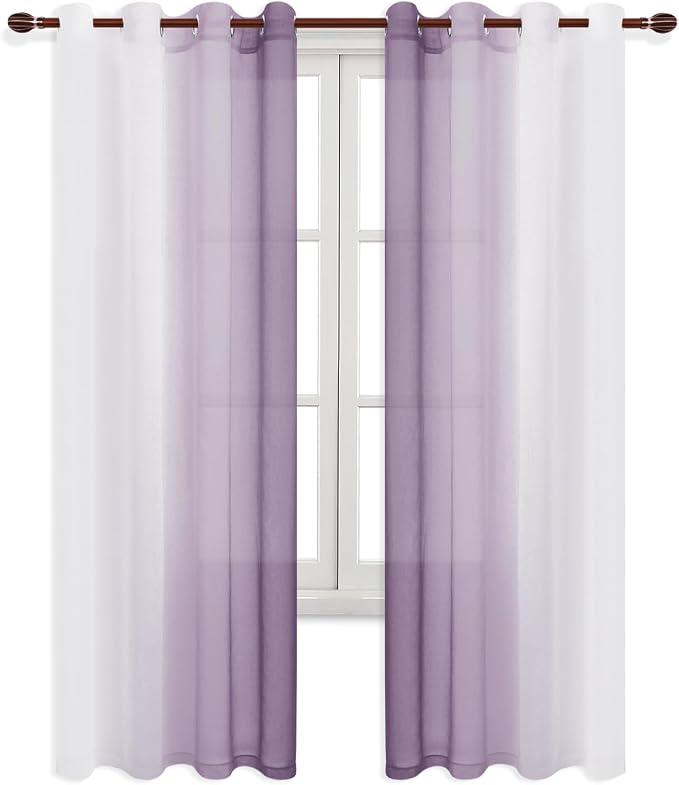 DWCN Lavender Faux Linen Ombre Sheer Curtains - 84 inches Long Gradient Semi Voile Curtains for Bedroom and Living Room, Set of 2 Grommet Top Window Curtain Panels, 52 x 84 Inches Long, Lavender
