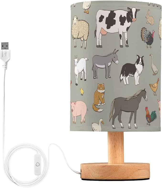 Bedside Table Lamp Farm Animals Nightstand Lamp with Wood Cows Sheep Pig Fox Chicken Duck Dog Rabbit Desk Lamps for Bedroom Living Room Nursery Office Home Decor