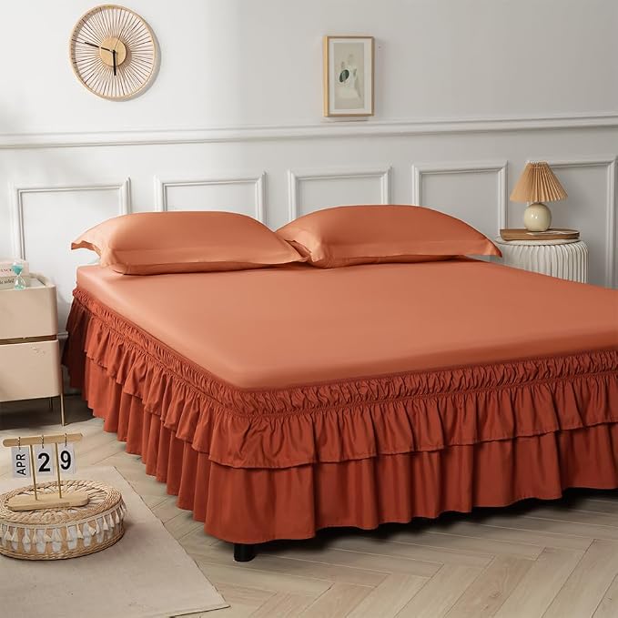 Double-Layered Ruffled Bed Skirt,Orange Red,Twin/Twin XL, 14" Drop | Wrap Around, Adjustable Elastic, 2 Layer, Machine Washable Soft Fabric, Multi Ruffle Bedskirt