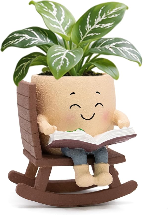 Smily Face Rocking Chair Reading Book Planter Pot for Indoor Plants