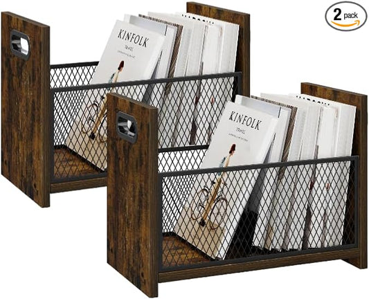 Large Magazine Rack Floor Set of 2, Vinyl Record Storage, Magazine File Holder Storage Basket for Letters, Books, Newspapers, Desktop and Home Office, 15.35" L x 8.7" W x 11.8" H