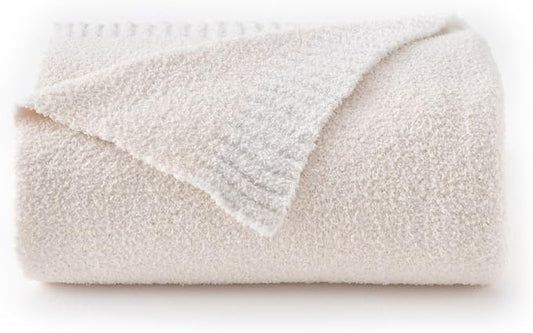 Chunky Knit Boucle Throw Blanket, Soft Washable Coastal Blanket for Bed Couch, Lightweight Cozy Oversized Feather Knit Blanket Indoor Outdoor for Sofa (Ivory White, Twin 60"x80")