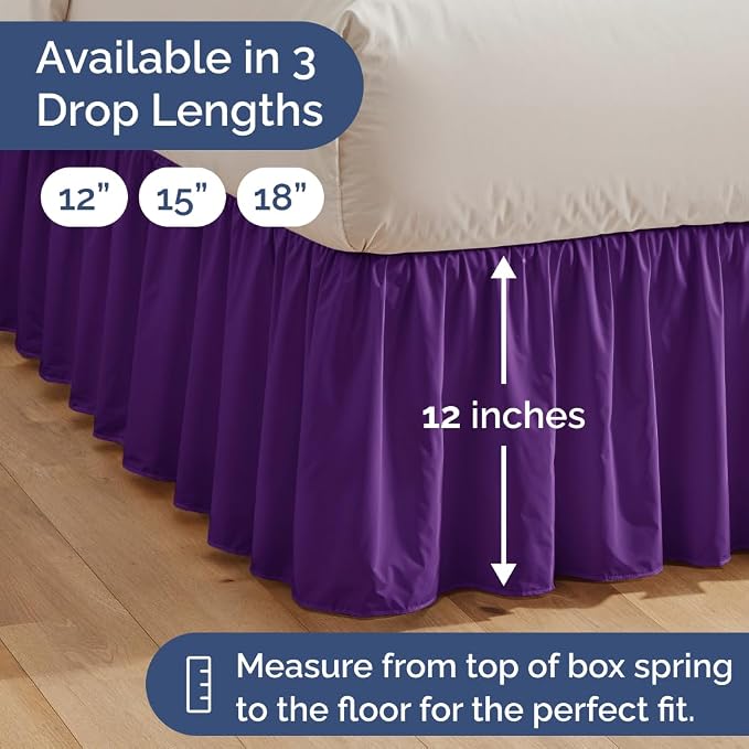Bedskirt King Size Ruffle - Ruffled Bed Skirt - 12 Inch Drop - Purple | Bedskirt with Platform, Ultra-Soft Premium Hotel Quality, Wrinkle Free, Fade & Shrink Resistant, for Women, Men, Kids & Teens