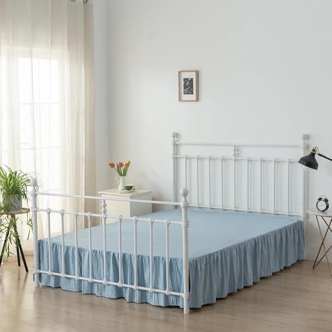 Bed Skirt King Size - Ruffled Bed Skirt - with Split Corners - Sky Blue | Striped Boho Tufted -14 Inch Drop Bedskirt with Platform-Soft Premium Hotel Quality - Easy Fit
