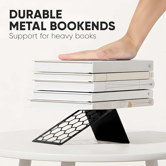 Black Geometric Honeycomb Metal Bookends - Book Ends for Shelves - Decorative Modern Heavy Duty Bookend Stopper - Book Ends for Heavy Books - Home Office Book Holder - 1 Pair, 6x3.25x6.25 in