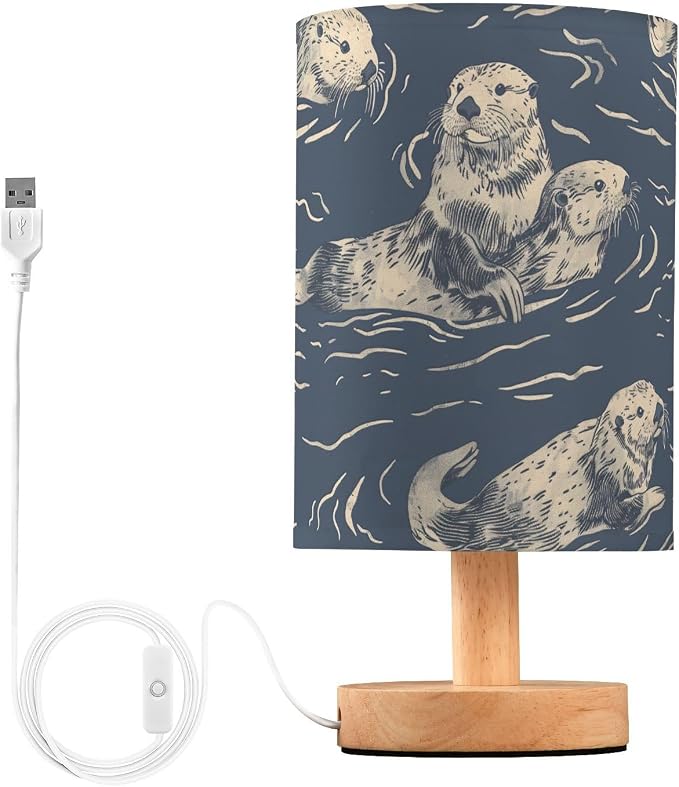 Bedside Table Lamp Sea Otter Animal Blue Nightstand Lamp with Wood Desk Lamps for Bedroom Living Room Nursery Office Home Decor