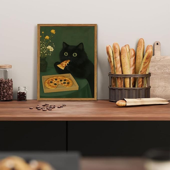 Funny Black Cat Wall Art Whimsical Black Cat Eating Pizza Wall Decor Cute Animal Dark Green Kitchen Poster Canvas Prints for Bedroom Living Dining Room 16x24 inch Wood Framed