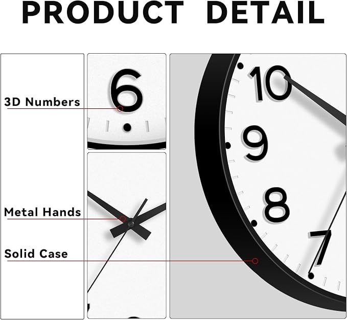 Roymnie 8 Inch Wall Clock, Battery Operated Silent Non Ticking Analog | Black modern analog; large 3D easy-read dial for kitchen, office, bathroom & bedroom; 1 AA battery (not included)