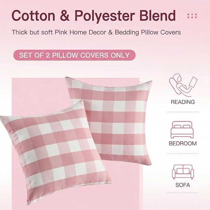 Cute Light Pink and White Buffalo Check Plaid Pillow Covers 18x18 Set of 2 | Light Pink Outdoor Throw Pillows 18 x 18, Cute Girly Pink Room Decor, Soft and Durable Textured Pillow Covers for Couch Bed
