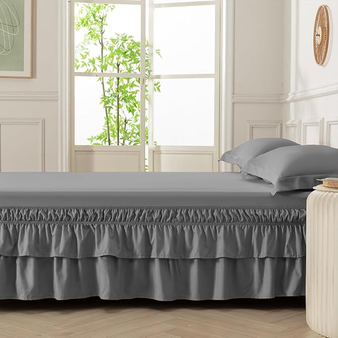 Double-Layered Ruffled Bed Skirt,Dark Gray,King/Cal King, 14" Drop | Wrap Around, Adjustable Elastic, 2 Layer, Machine Washable Soft Fabric, Multi Ruffle Bedskirt