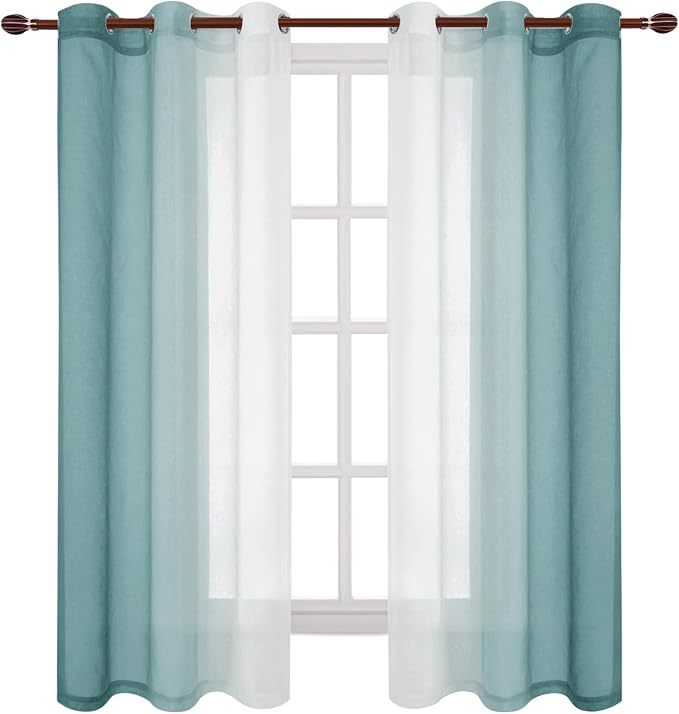 DWCN Faux Linen Ombre Sheer Curtains - Gradient Semi Voile Curtains for Bedroom and Living Room, Set of 2 Grommet Top Window Curtain Panels, 42 x 63 Inches Long, Peacock Blue