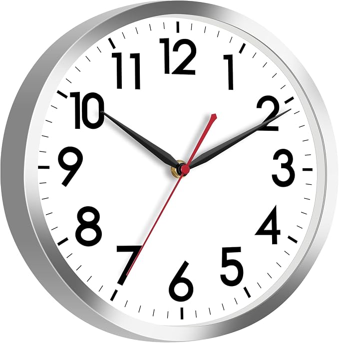 AKCISOT 12 Inch Wall Clock, Silent Battery Operated Analog Clock, Silver | Office | Kitchen | Living Room | Classroom | Easy-to-read Numbers