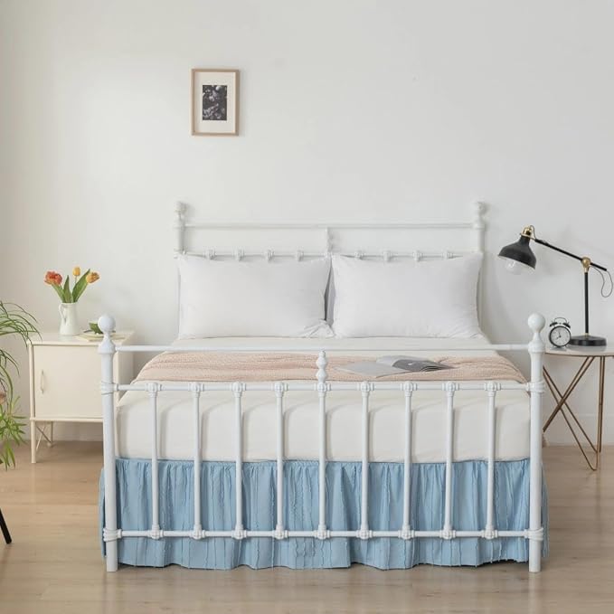 Bed Skirt King Size - Ruffled Bed Skirt - with Split Corners - Sky Blue | Striped Boho Tufted -14 Inch Drop Bedskirt with Platform-Soft Premium Hotel Quality - Easy Fit