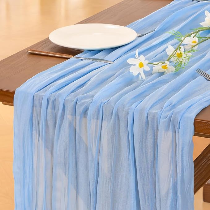 Blue Cheesecloth Table Runner Fall Boho Wedding Birthday Party Home Decor | Blue 3pcs Rustic Gauze 10FT Cheese Cloth Sheer Farmhouse Dining Runner for Baby Shower Bridal Holiday Decorations