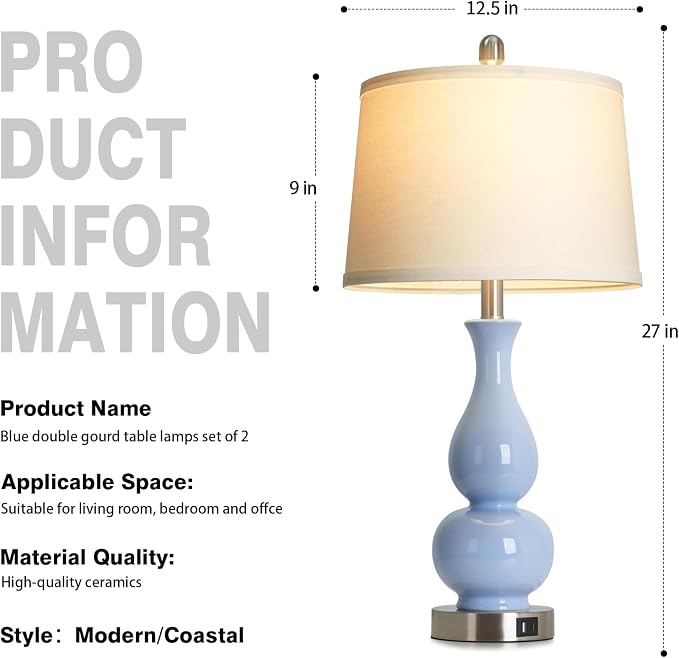 CINSARY 27" Blue Gourd Ceramic Lamps Set of 2, Coastal Ceramic Table Lamps for Living Room with USB A+C Ports, Classic Bedside Lamp for Nightstand, Tall Lamps for Bedroom Side End Table Home Decor