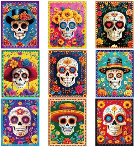 Adduster Day of The Dead Poster - 9 Piece Day of the Dead Decorations | Sugar Skull Wall Art Sugar Skull Art Print for Mexico Day Day of the Dead Halloween Wall Decor Living Room Decor (colorful)