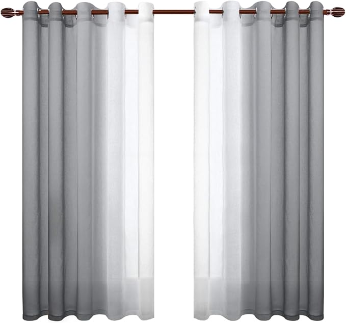 DWCN Grey Ombre Faux Linen Short Sheer Curtains - Extra Wide Gradient Semi Voile Light Filtering Grommet Top Bedroom and Living Room Curtains, 60 x 63 Inches Long, Set of 2 Window Curtain Panels