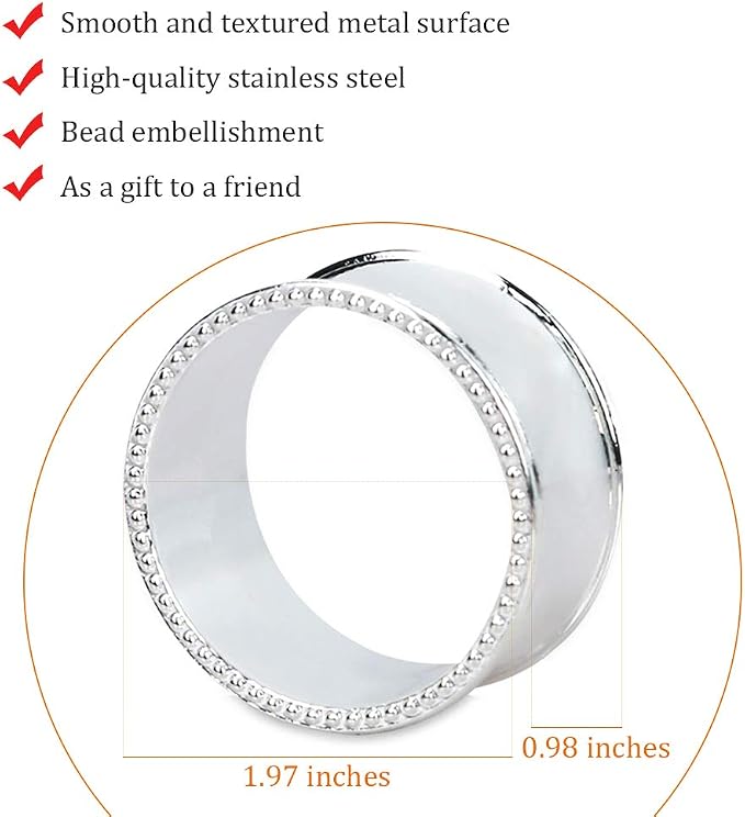 12 Pcs Stainless Steel Bead Side Napkin Rings Silver | Delicate Serviette Buckles
